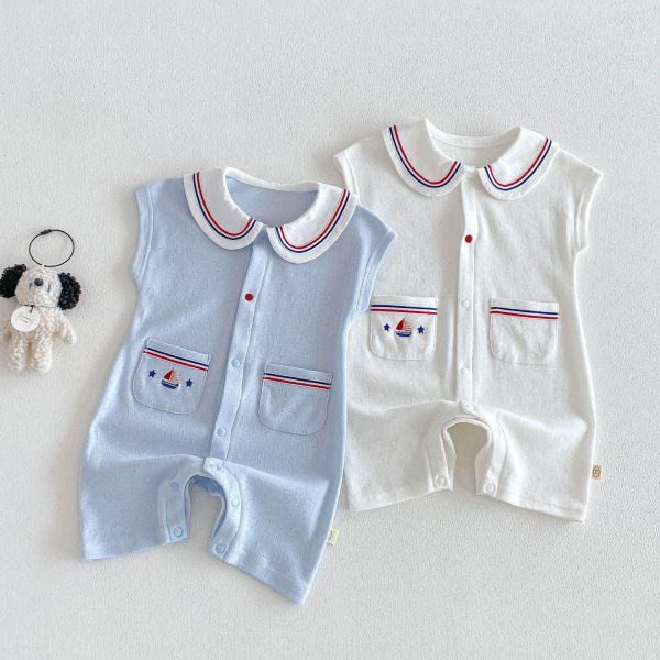 海軍風翻領素色雙口袋連身裝 