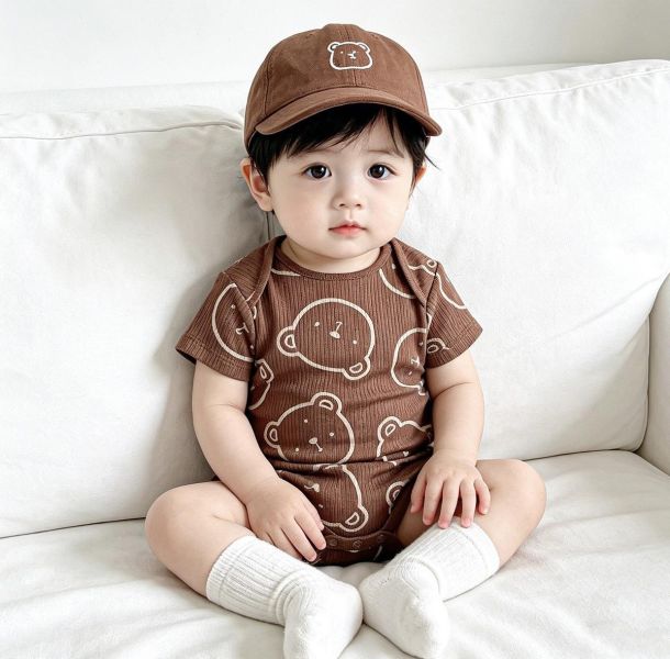 信封領螺紋小熊彈力包屁衣 