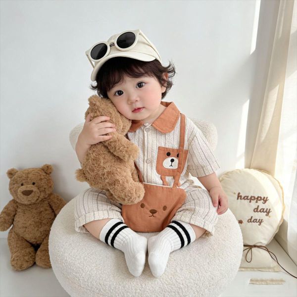 翻領小熊口袋豎條紋連身裝(含包) 