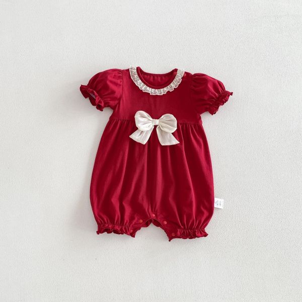 酒紅大蝴蝶結蕾絲領口連身裝 