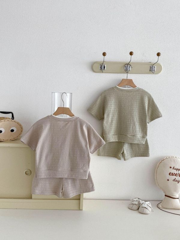 假兩件小熊華夫格上衣+短褲套裝 