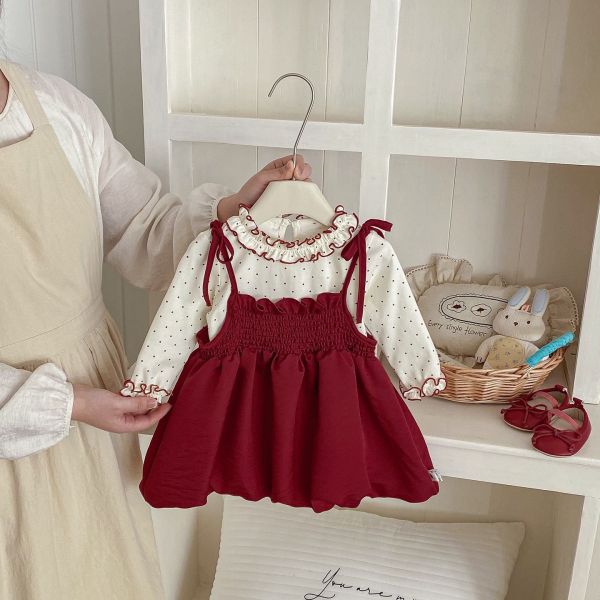 木耳立領點點上衣+酒紅綁帶吊帶裙 