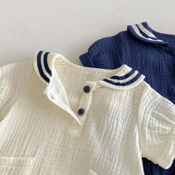 海軍風翻領棉麻雙扣包屁衣 