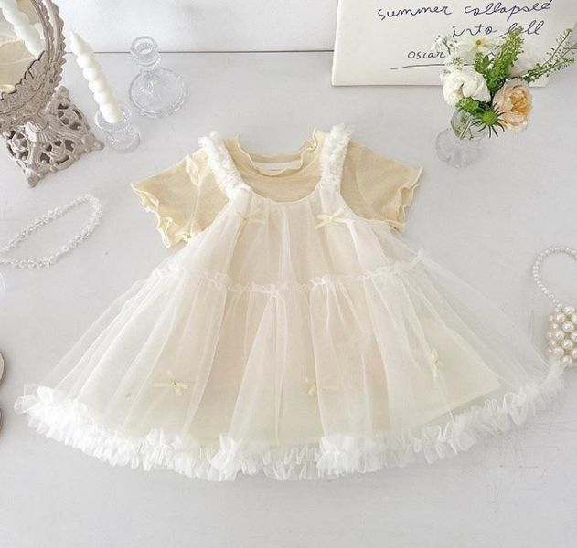 鵝黃上衣+網紗吊帶連身裙套裝 