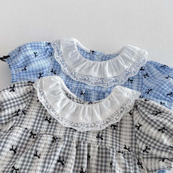 蝴蝶結格紋蕾絲花邊領包屁衣 