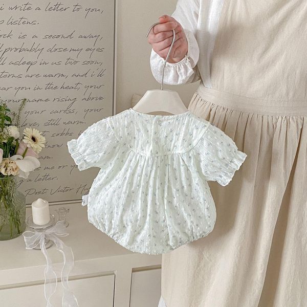 清新藍碎花圓領拼接包屁衣 