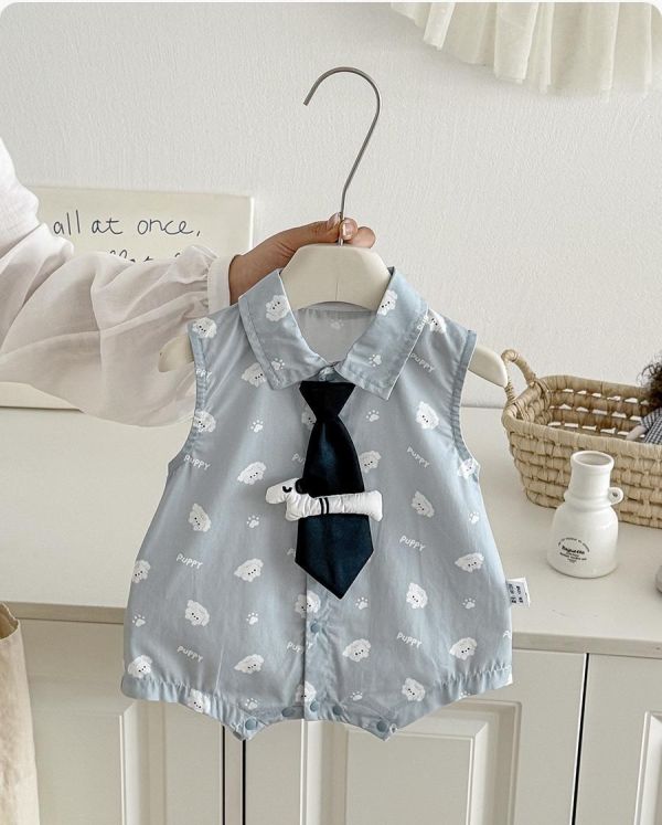 可愛狗狗印花領帶翻領連身裝 