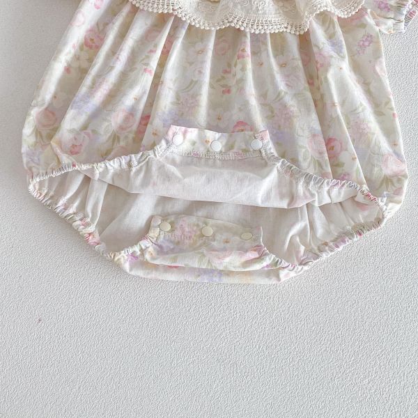 花邊大翻領碎花包屁衣+髮帶 