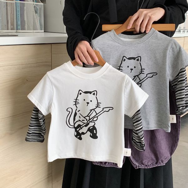 假兩件吉他貓咪拚袖薄上衣 