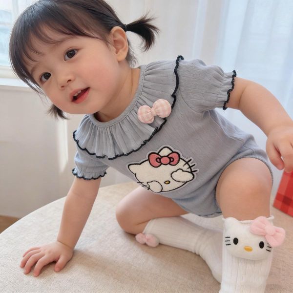 荷葉領貓咪貼布彈力包屁衣 