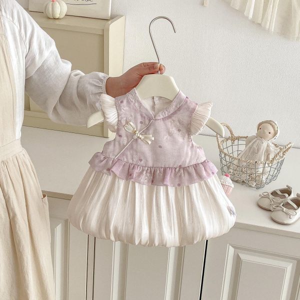 復古旗袍拼接澎裙連身裙 