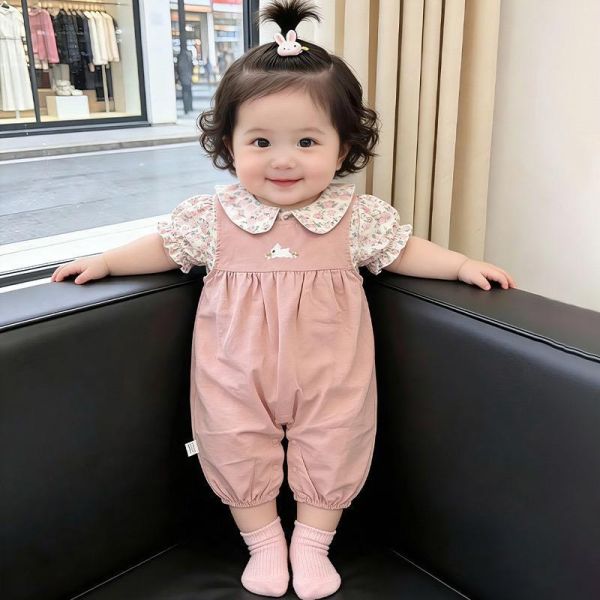 碎花兔耳上衣+粉嫩兔子連身褲套裝 