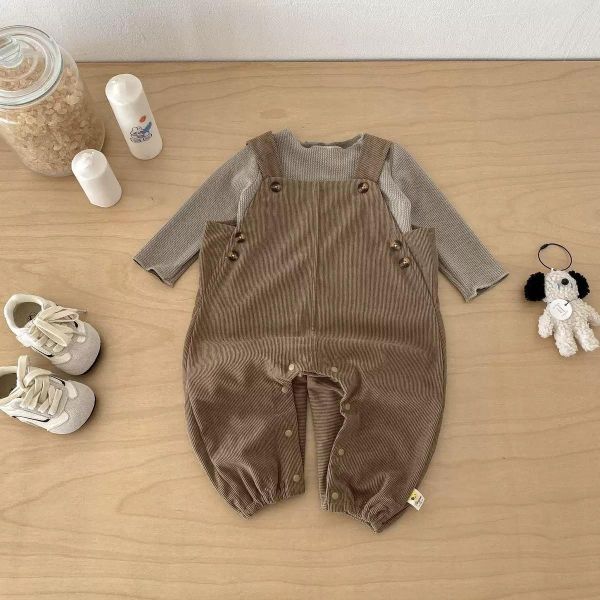 素色軟糯上衣+燈芯絨極簡吊帶長褲 