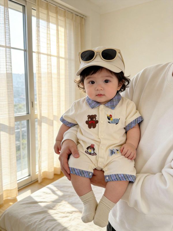 格紋翻領小熊刺繡開釦連身裝 