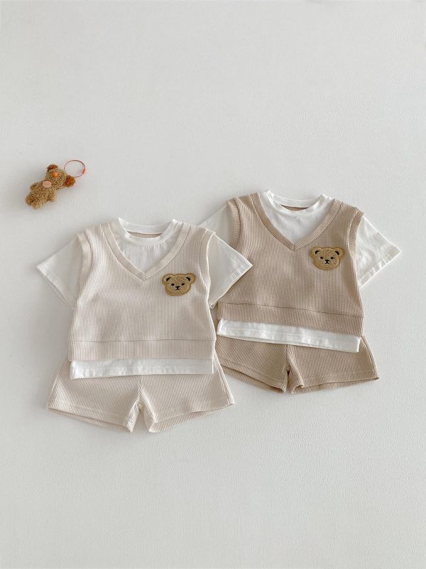 假兩件式華夫格小熊上衣+短褲套裝 