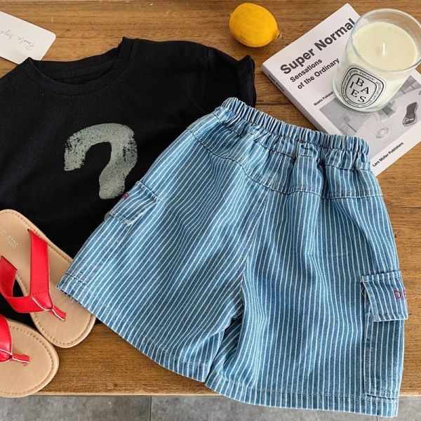 豎條紋牛仔雙口袋五分短褲 