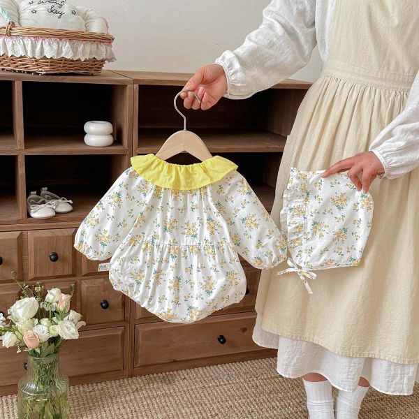 春夏亮眼黃田園碎花包屁衣+帽 