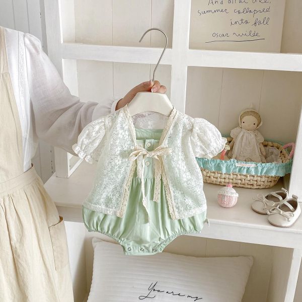 兩件套-泡袖蕾絲外套+細肩包屁衣 