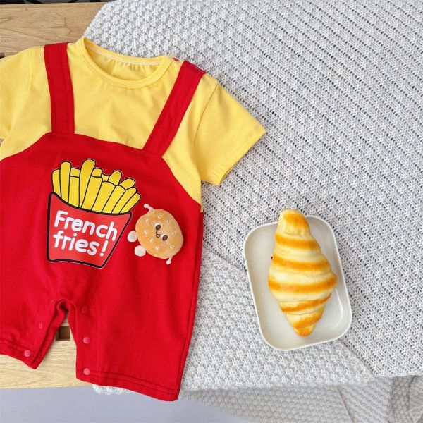 假兩件薯條印花吊帶連身裝+襪 