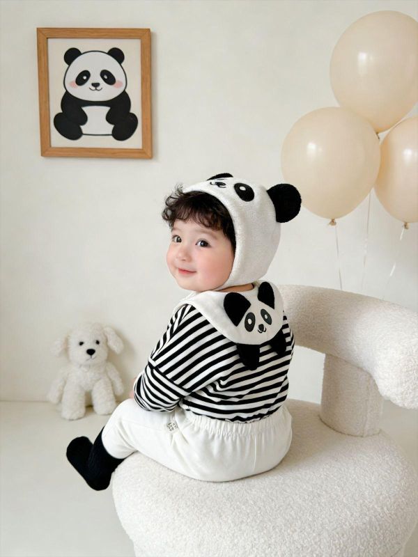 可愛娃娃領貓熊條紋包屁衣/打底褲 