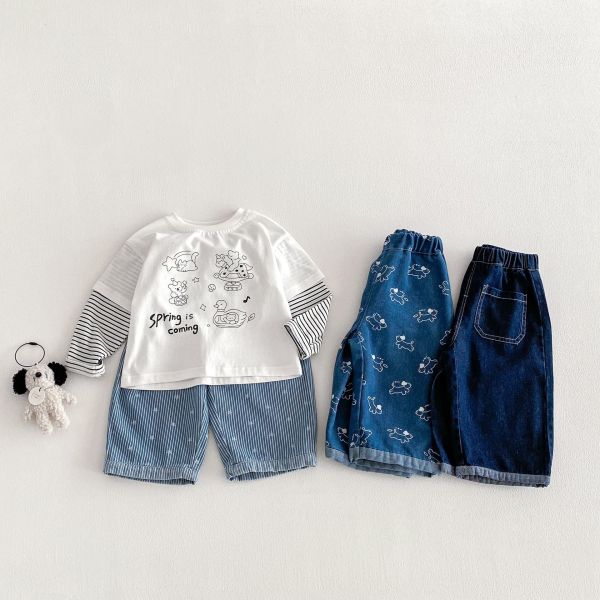 素色/星星條紋/狗狗印花牛仔褲 