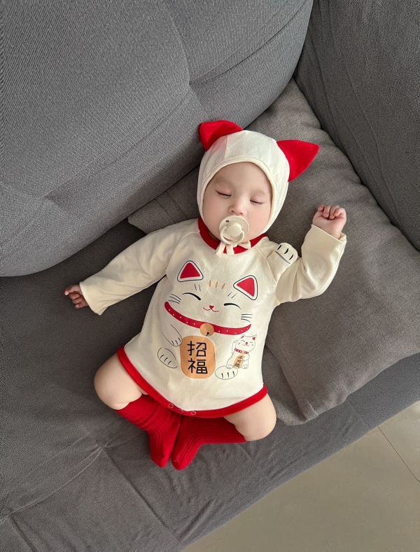 招財貓印花造型包屁衣+帽 