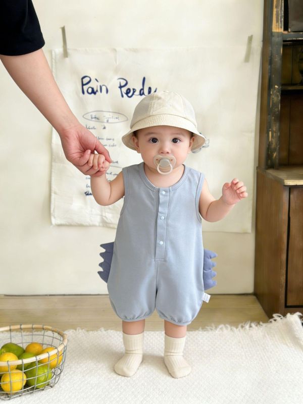 素色恐龍造型開釦棉質連身裝 