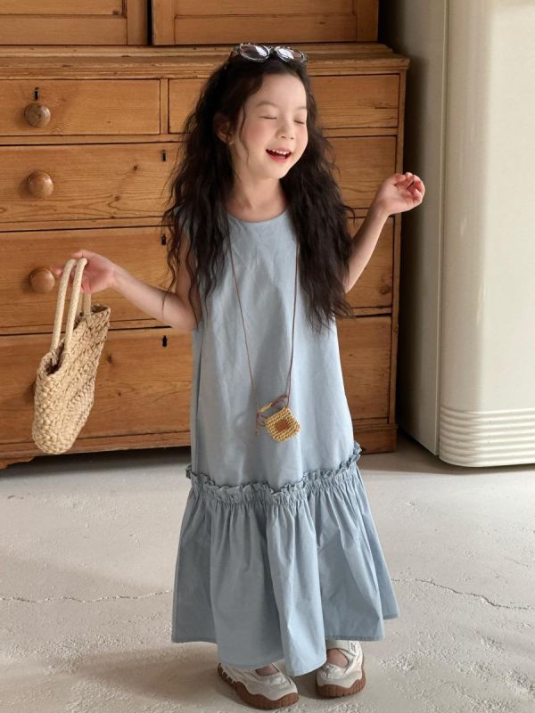 素色下擺抓皺拼接連身洋裝 