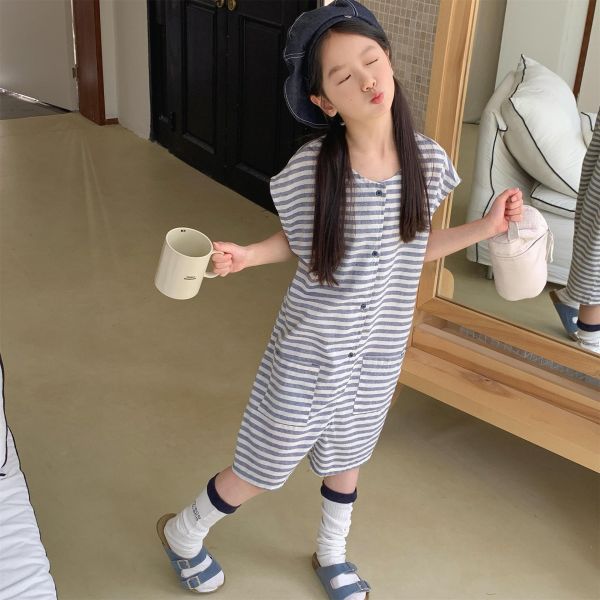 休閒慵懶條紋字母開釦連身裝(2色) 