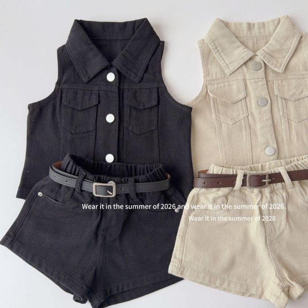 復古港風翻領背心式兩件套套裝(附皮帶) 