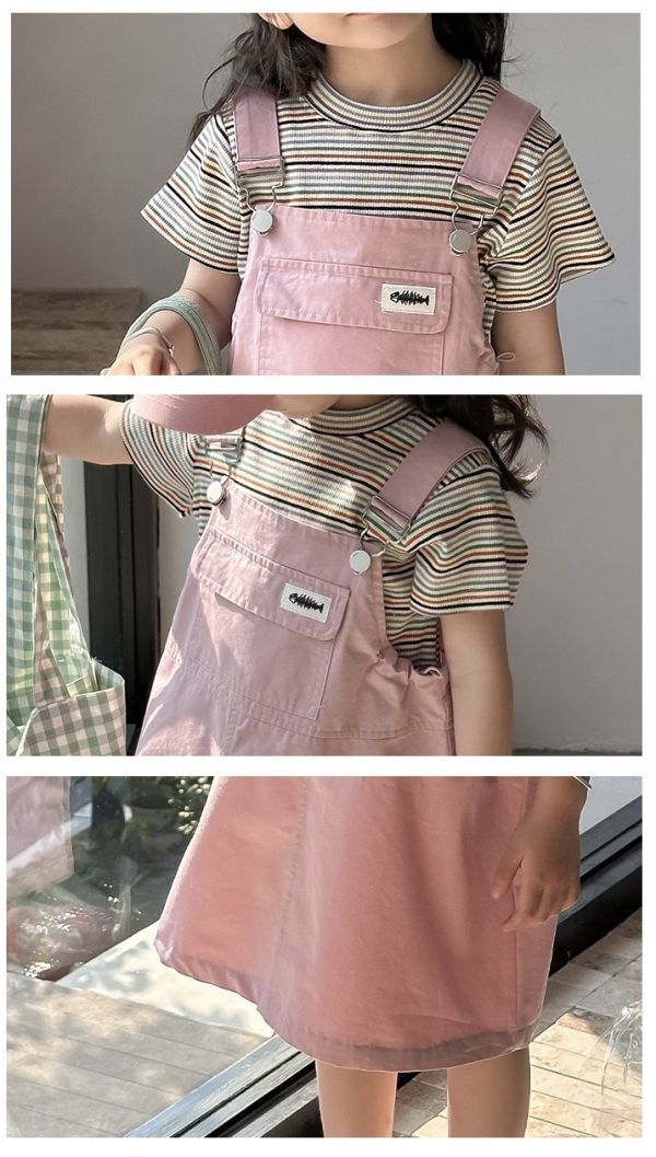 條紋上衣+粉色吊帶連身裙套裝 