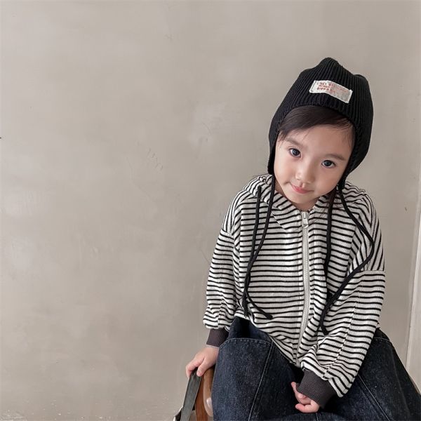 兩色條紋連帽拉鍊外套 