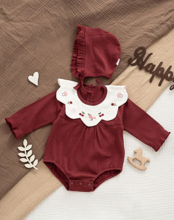 新生兒花領酒紅包屁衣/連身裝 