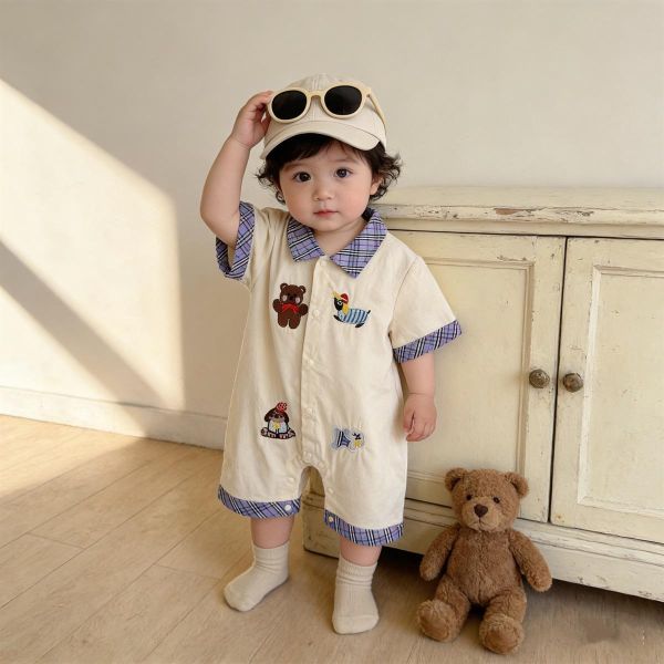 格紋翻領小熊刺繡開釦連身裝 