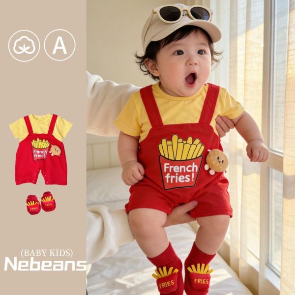 假兩件薯條印花吊帶連身裝+襪 