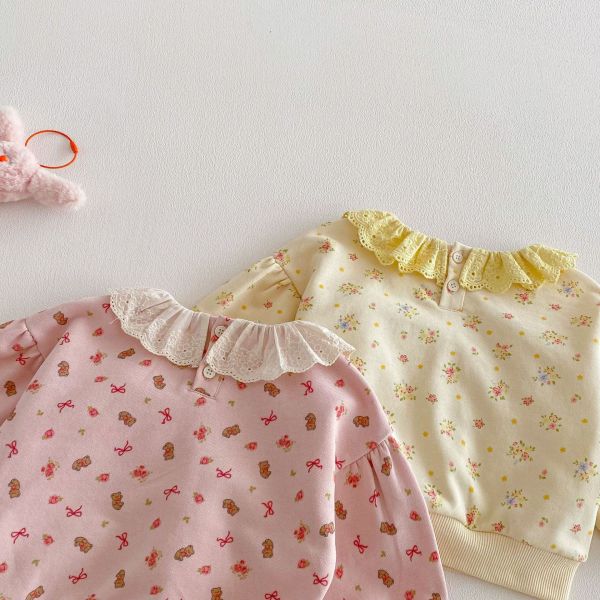 滿印碎花/小熊蕾絲花領上衣 