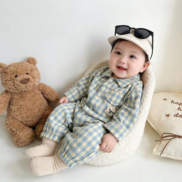 格紋小熊單口袋居家/外出連身裝 