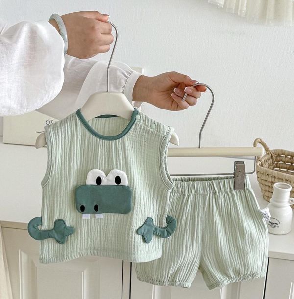 立體鱷魚/綿羊透氣紗布棉兩件式套裝 