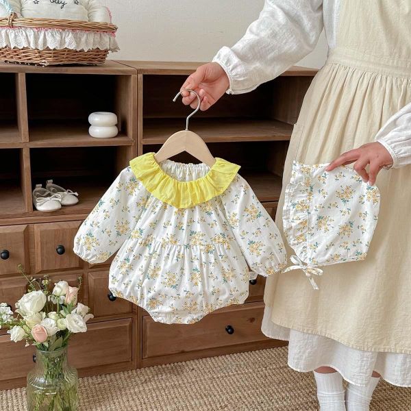 春夏亮眼黃田園碎花包屁衣+帽 