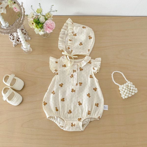 紗布棉透氣娃娃領小熊包屁衣+帽 