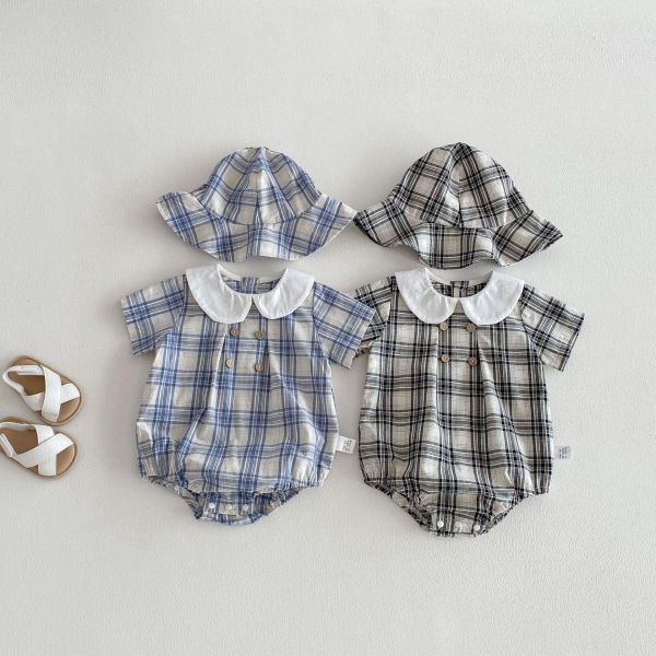 復古娃娃領格紋包屁衣+帽 
