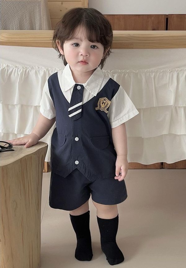 學院風假兩件上衣襯衫+短褲套裝 