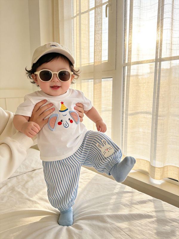 立體大象/汽車上衣+條紋長褲套裝 