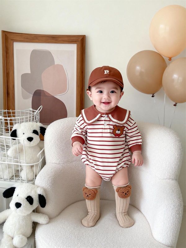 翻領條紋前後領結小熊包屁衣 