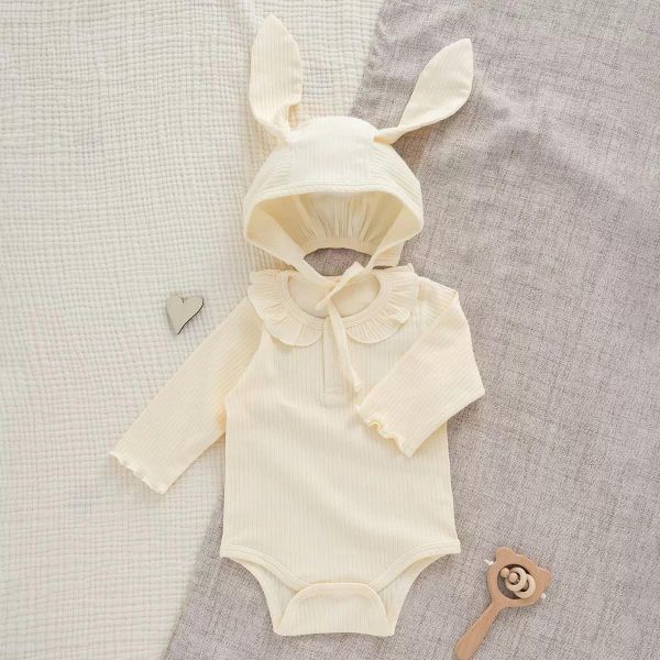 新生兒純棉素色包屁衣+兔耳帽 