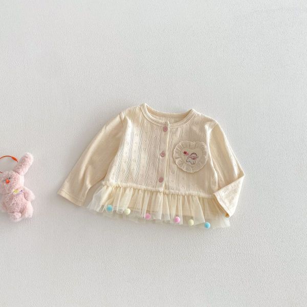 愛心狗狗布標毛球網紗開扣上衣 