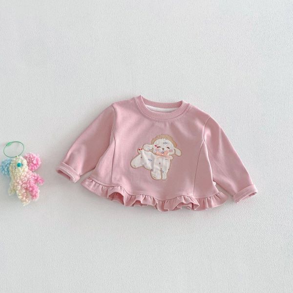 荷葉邊狗狗刺繡素色上衣 