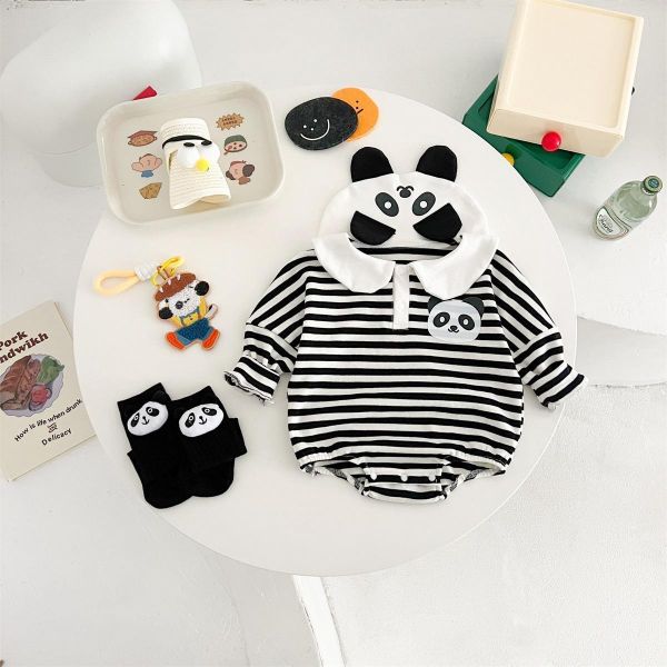 可愛娃娃領貓熊條紋包屁衣/打底褲 