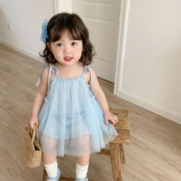 甜美蝴蝶結綁繩網紗連身裙 