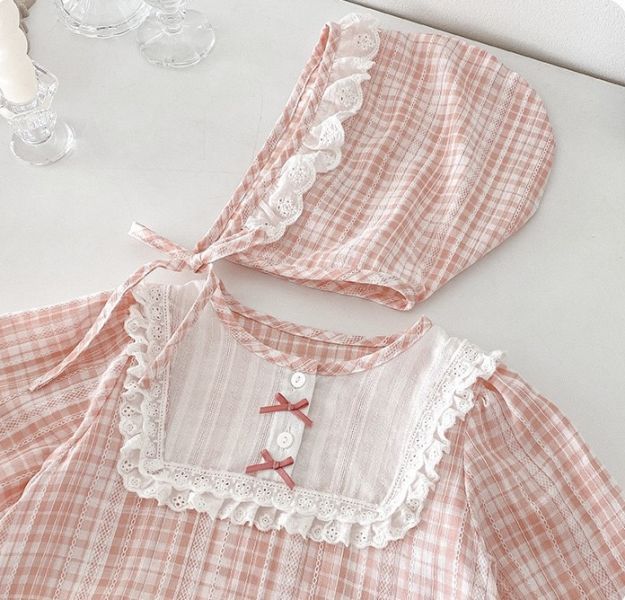 蕾絲蝴蝶結格紋包屁衣(含帽) 